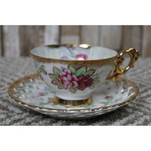 Shafford Lusterware Mauve Roses Gold Trim Tea Cup & Saucer
